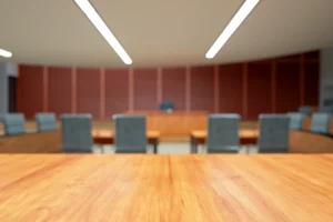 Inside an empty courtroom