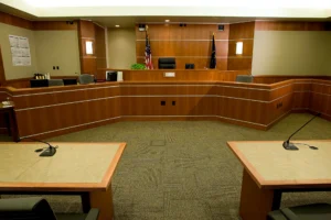 Empty courtroom where evidence would be presented